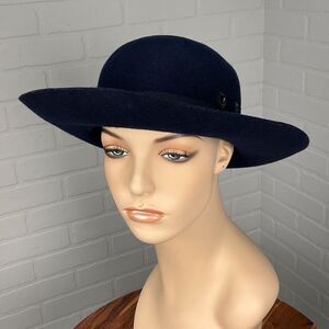 Toucan Hat Women Medium Blue Floppy Brim 70s‎ Ribbon Trim Classic Wool VTG USA